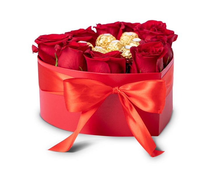 Small Heart Box with 10 Red Roses and 7 Ferrero Rocher Chocolates