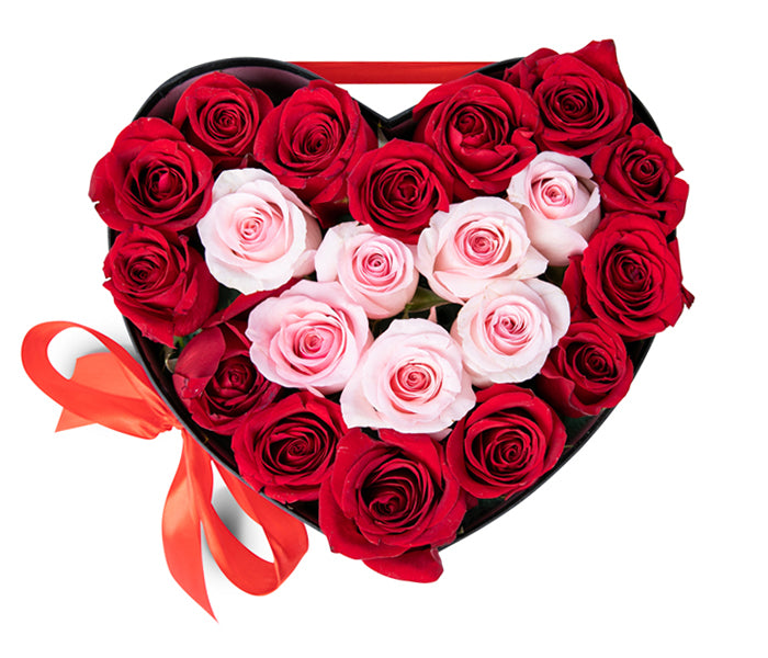 Medium Heart Box with 14 Red Roses and 7 Light Pink Roses