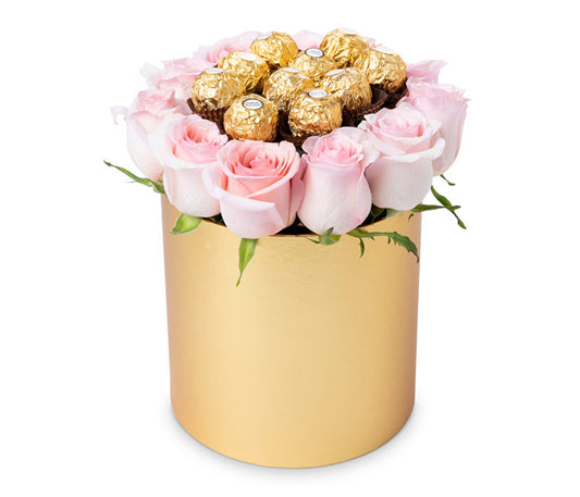 Gold Circular Box with 12 Light Pink Roses and 10 Ferrero Rocher Chocolates