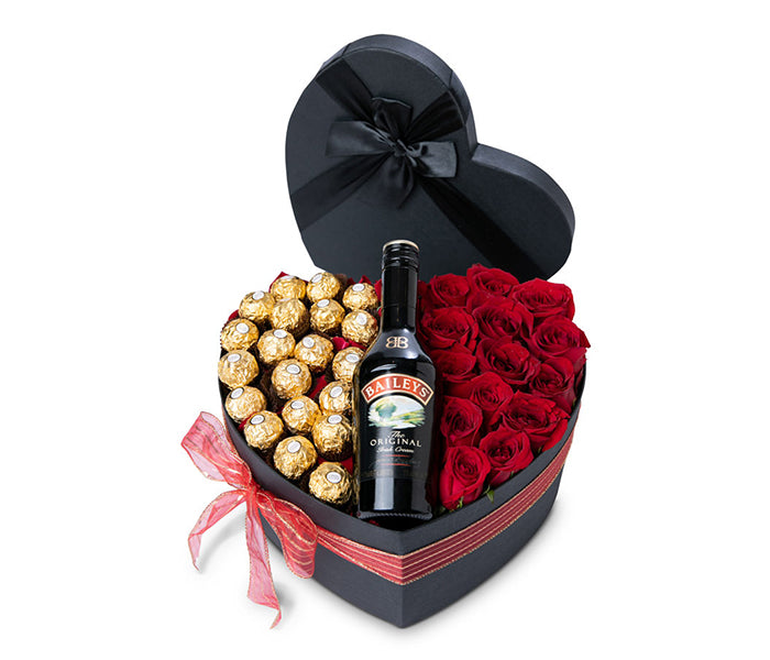 Large Heart Box with 14 Red Roses, 20 Chocolates and a Small Bailey’s Irish Cream