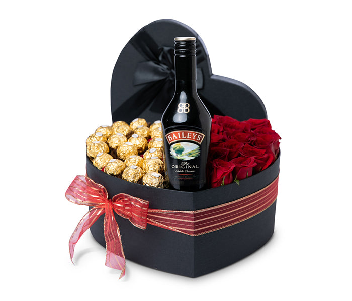 Large Heart Box with 14 Red Roses, 20 Chocolates and a Small Bailey’s Irish Cream