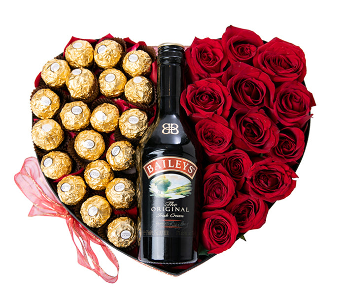 Large Heart Box with 14 Red Roses, 20 Chocolates and a Small Bailey’s Irish Cream