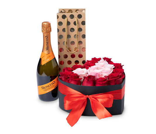 21 red and pink rose box with Mionetto Prosecco