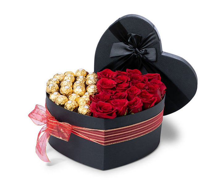 Heart Box with 19 Red Roses, 20 Ferrero Rocher Chocolates.