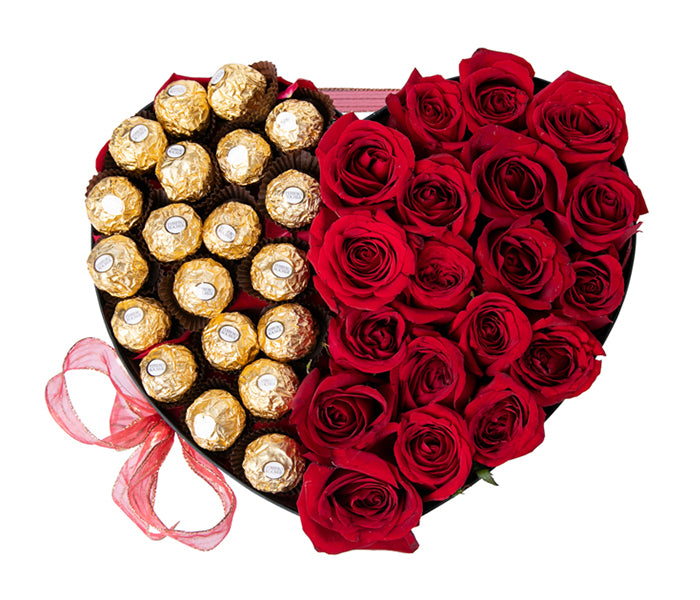 Heart Box with 19 Red Roses, 20 Ferrero Rocher Chocolates.