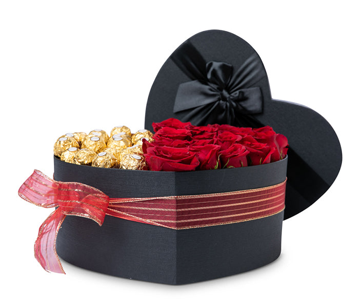 Heart Box with 19 Red Roses, 20 Ferrero Rocher Chocolates.