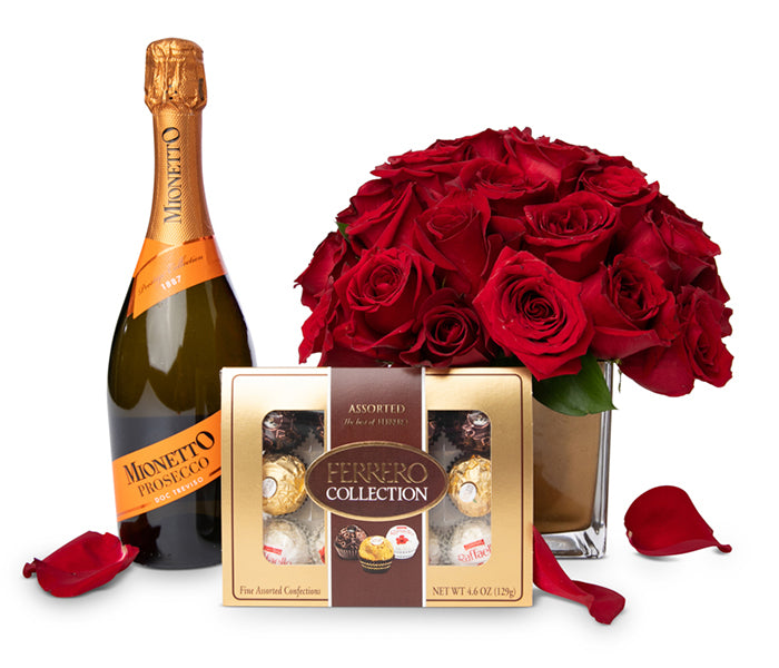 24 Red Rose Arrangement with a Mionetto Prosecco and a Ferrero Rocher Collection.