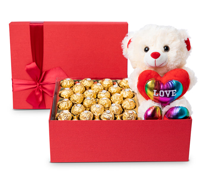 Rectangular Box with 24 Ferrero Rocher Chocolates and a Teddy Bear.