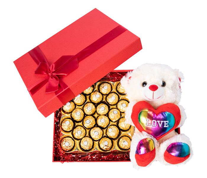 Rectangular Box with 24 Ferrero Rocher Chocolates and a Teddy Bear.