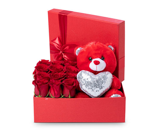 Medium Red Rectangular Box with 12 Red Roses and a Teddy Bear.