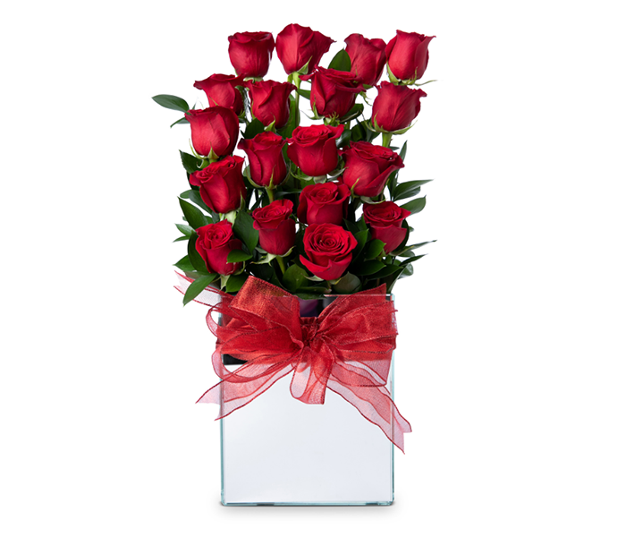 Mirrored Vase with 18 Red Roses.