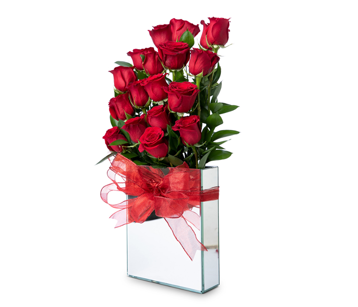 Mirrored Vase with 18 Red Roses.