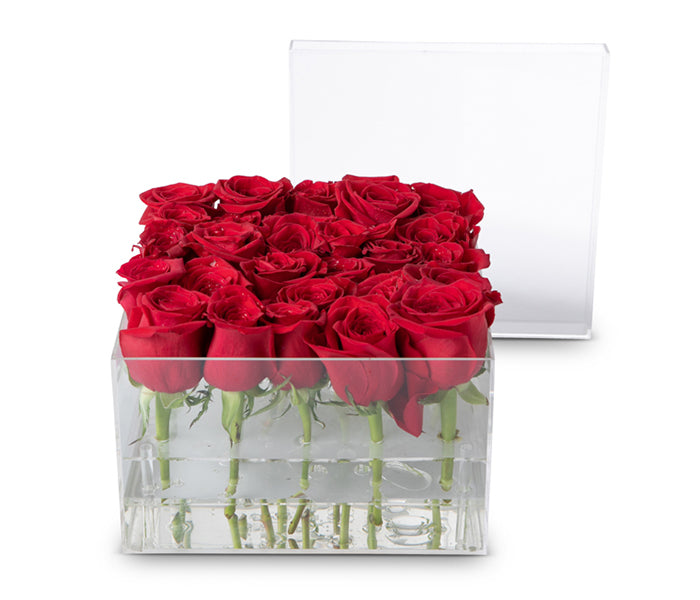 Acrylic Box with 17 Red Roses- Rose bud count may vary depending on rose sizes.