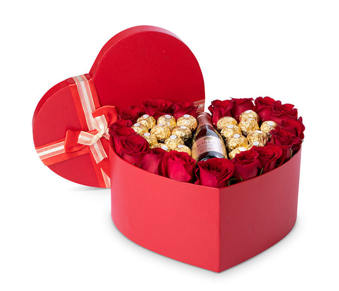 Large Heart Box with 17 Red Roses with 20 Ferrero Rocher Chocolates and a small Sperone Moscato