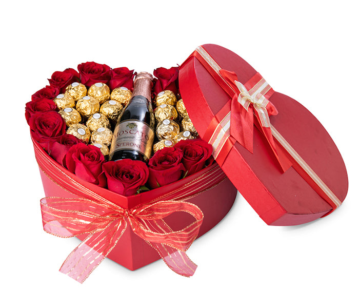 Large Heart Box with 17 Red Roses with 20 Ferrero Rocher Chocolates and a small Sperone Moscato.