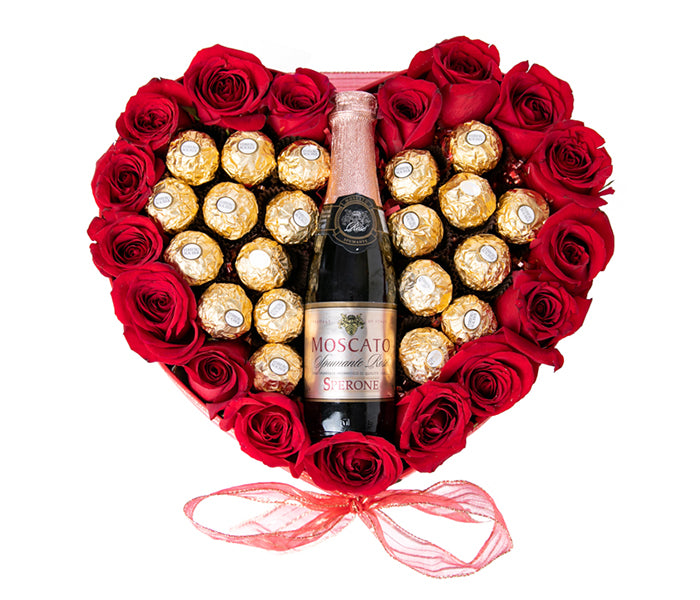 Large Heart Box with 17 Red Roses with 20 Ferrero Rocher Chocolates and a small Sperone Moscato.