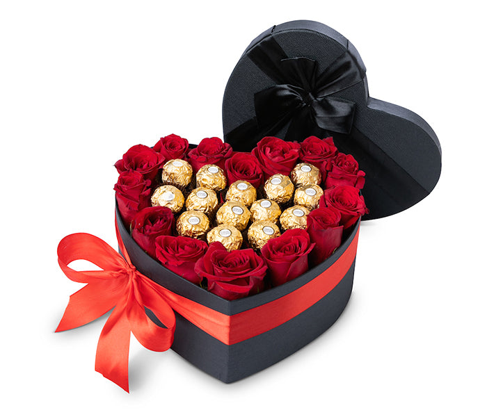 Medium Heart Box with 14 Red Roses with 14 Ferrero Rocher Chocolates.