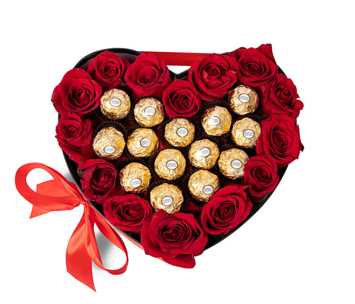 Medium Heart Box with 14 Red Roses with 14 Ferrero Rocher Chocolates.