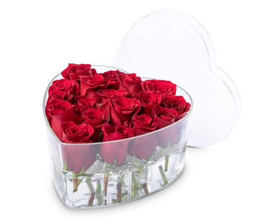 Medium Acrylic Box with 19 Red Roses.