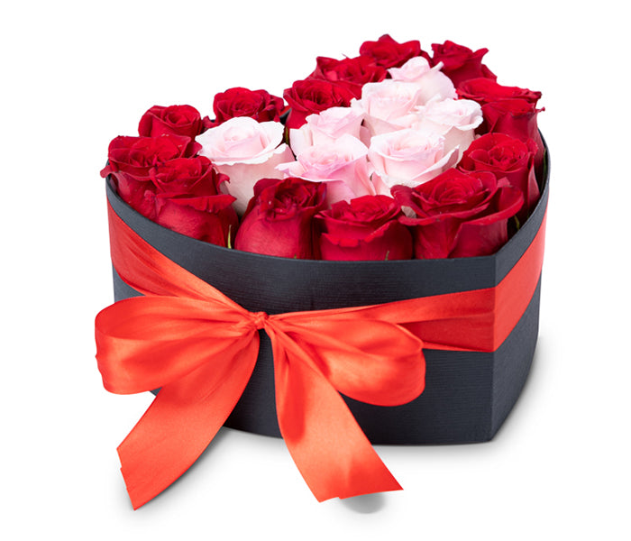 Medium Heart Box with 14 Red Roses and 7 Light Pink Roses