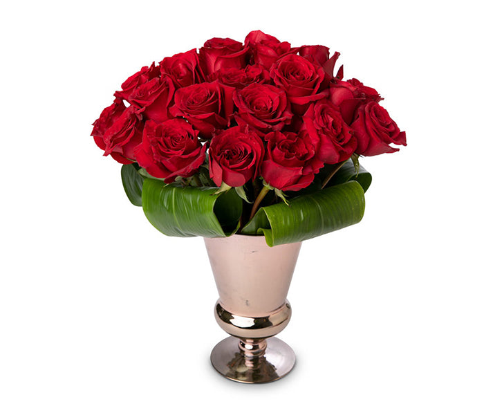 Medium Julep Cup with 24 Red Roses and Ti Leaves.