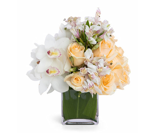 Chic Arrangement of Cymbidium Orchids, Roses and Alstromeria.