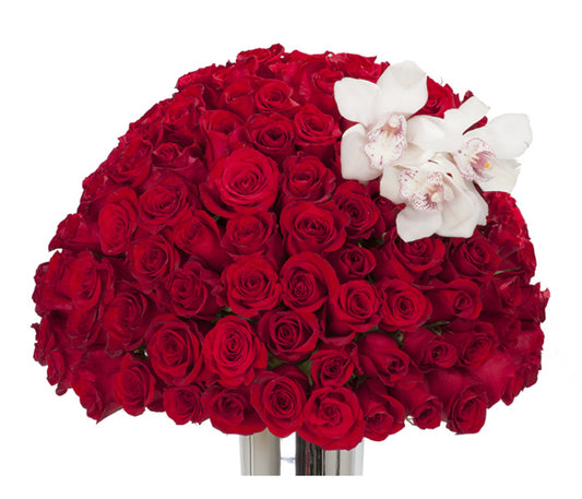 Red Roses & Orchids Topiary-Standard/48 Roses