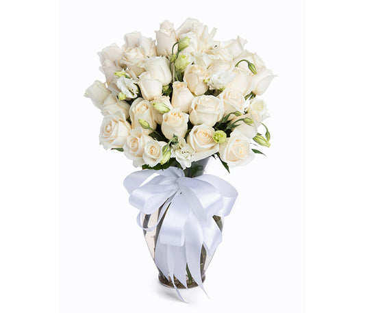 24 White Roses with White Fillers in Spring Vase.